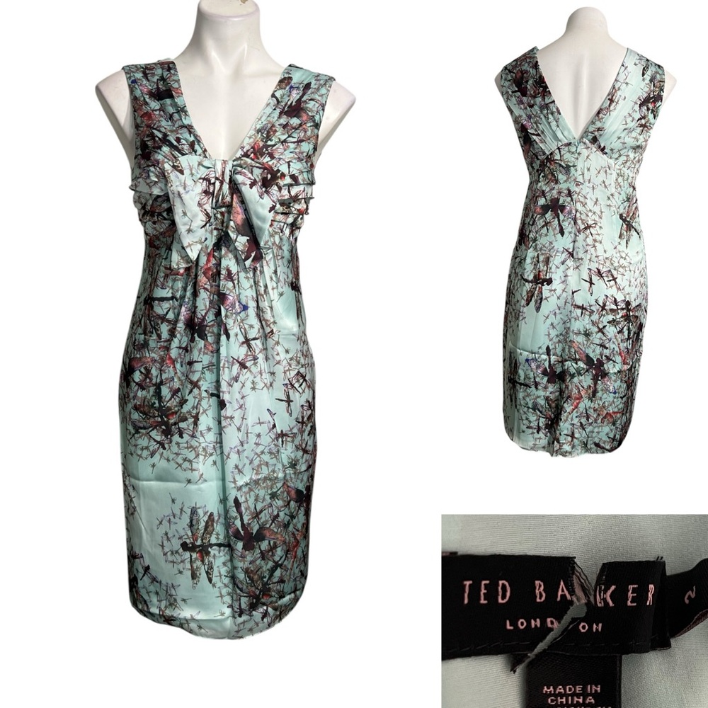 Ted Baker Carii dragonfly print dress Us sz 6‎ light green sleeveless v-neck